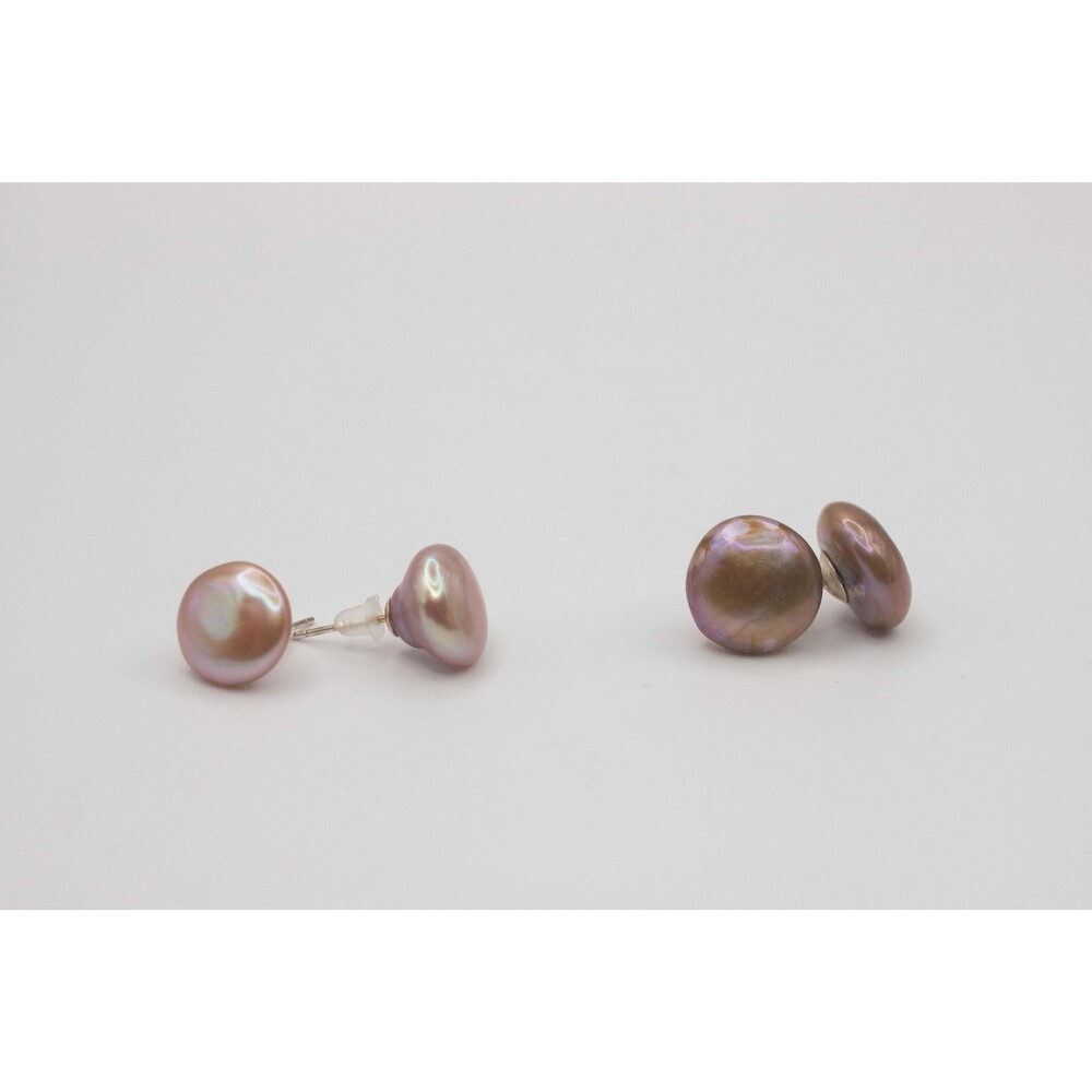Coin Pearl Stud Earrings, Genuine big  Natural Bronze, 925 sterling silver